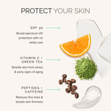 Load image into Gallery viewer, Product packaging with SPF 30, vitamin C, green tea, peptides, caffeine, orange, green tea leaves, coffee beans, and a cream smear 
