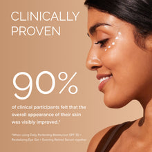 Load image into Gallery viewer, Woman with visible skin improvement with text about clinical proven results.
